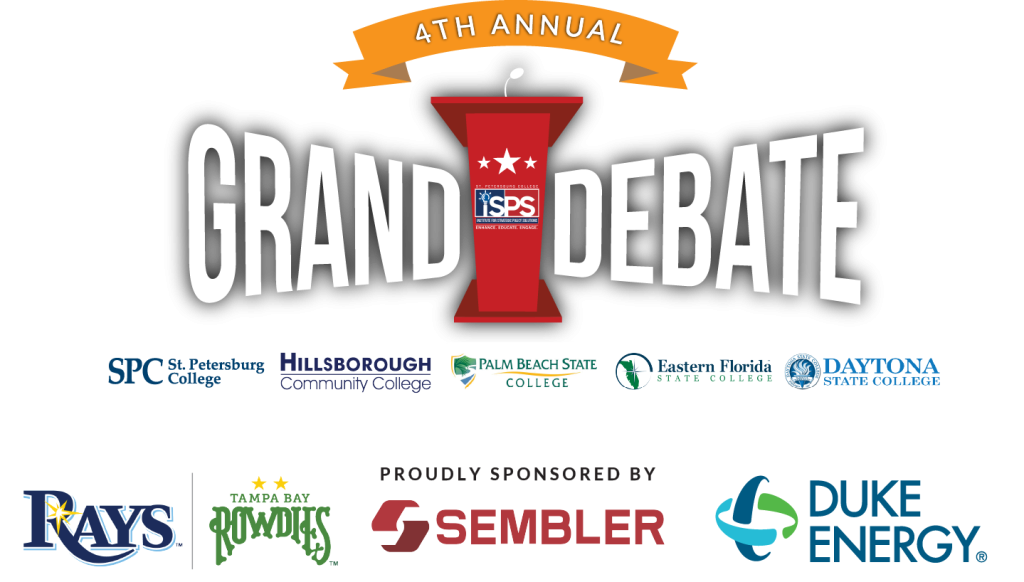 Grand Debate logo with key elements of St. Petersburg College, Hillsborough College, Palm Beach State College, Eastern Florida State College, and Daytona State College. Sponsored by Rays/Rowdies, Sembler, and Duke Energy.